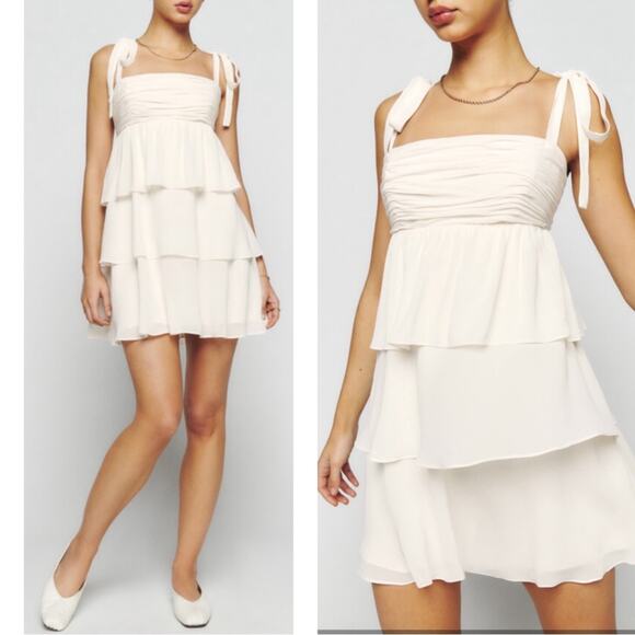 Reformation Avni Ruffle Tiered Tie Strap White Bridal Mini Dress Size XL - Picture 1 of 9